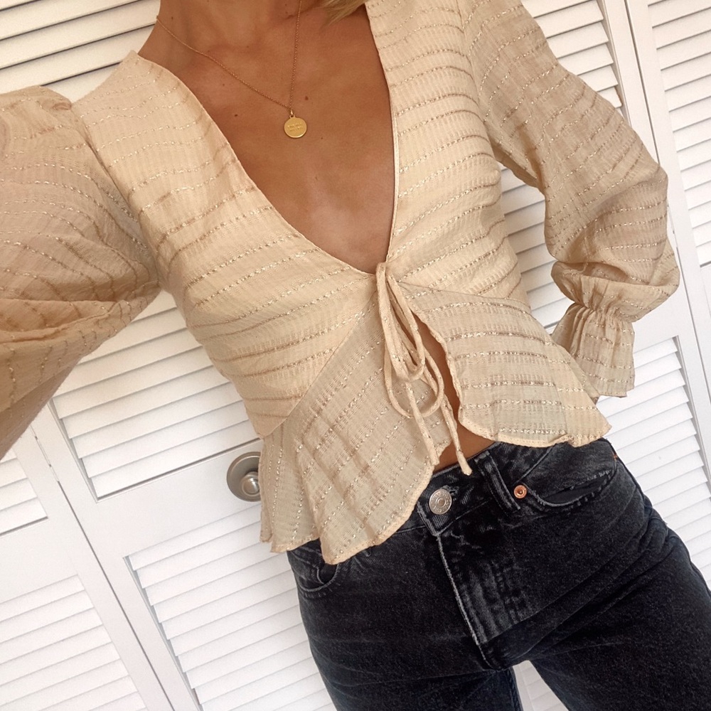 Showpo champagne puff long sleeve tie top